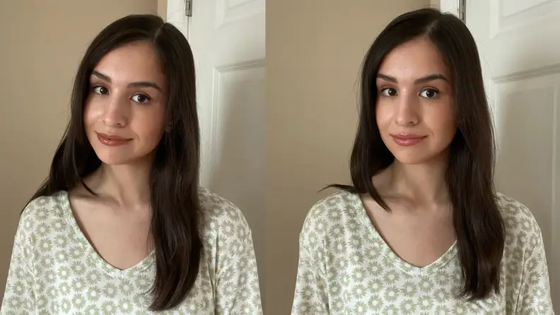The author posed smiling at the camera wearing two different lip colors on the left and right.
