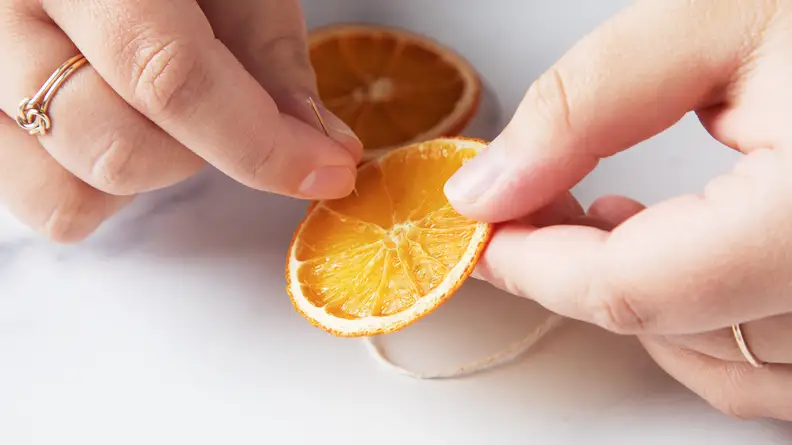 A needle being threaded through a dried orange slice.