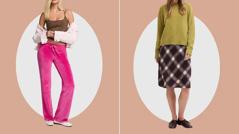 Two side-by-side photos on a tan background. Left: a model in hot-pink low-rise velour drawstring pants. Right: a model in a chartreuse cashmere crewneck sweater.
