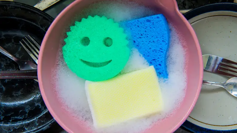 Scrub Daddy and other sponges in a pink bucket with water