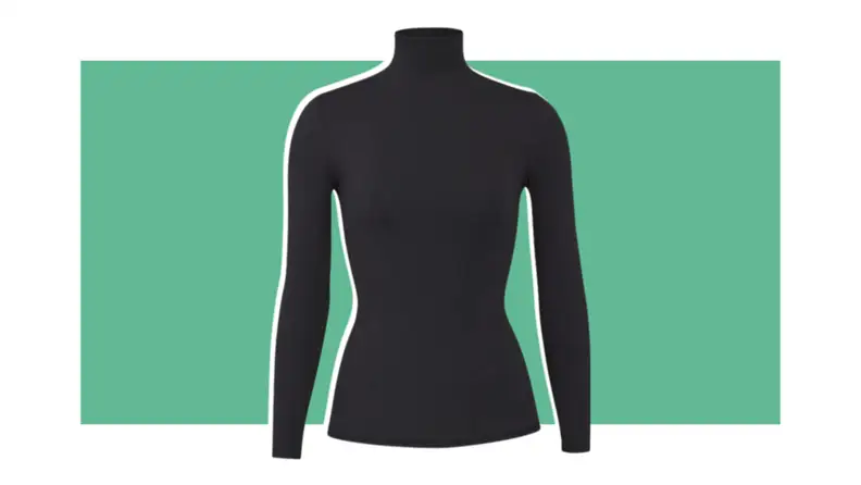 A form-fitting black turtleneck shirt.