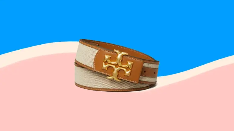 Tory Burch belt on blue and pink background