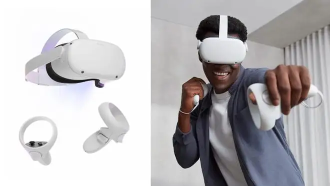 Person using VR headset to play. On left, white VR headset and hand controllers.