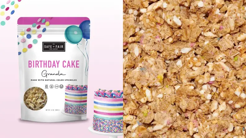 Left: A bag of Birthday Cake Granola against a white background accompanied by sprinkles. Right: Close-up photo of granola.