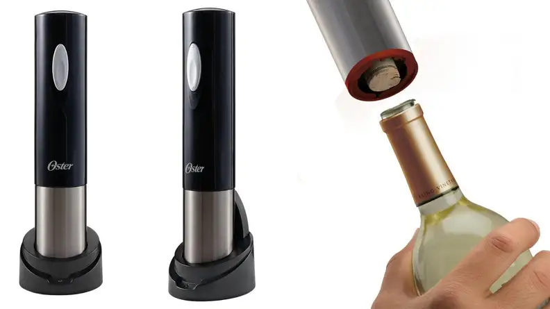 Wine opener next to an image of a person opening a wine bottle