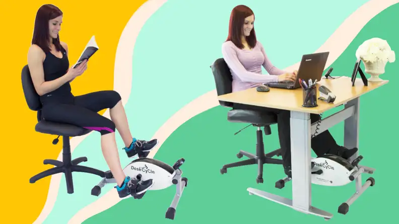 Two people use the DeskCycle.