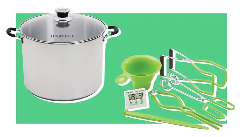 Large canning pot and an array of green canning tools on green background