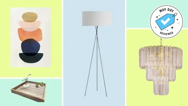 Standing lamp, wooden tray. abstract artwork, and chandelier