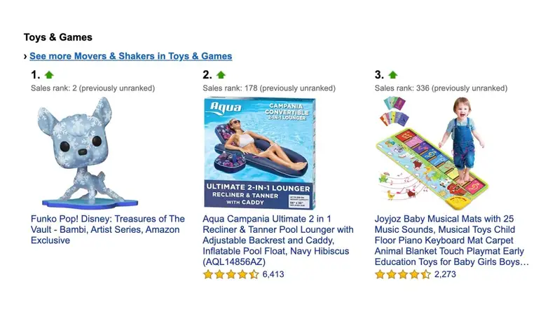 The top three Movers & Shakers toys including FunkoPop Winter Bambi, an inflatable pool float, and a musical mat.