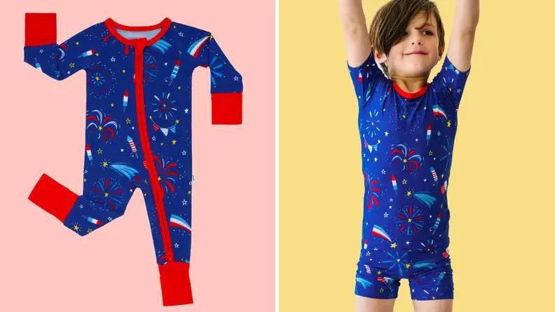 Little Sleepies Firecracker PJs next to a child wearing them
