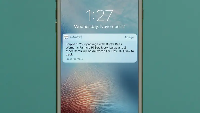 A person receives an order shipment update on their phone from Amazon