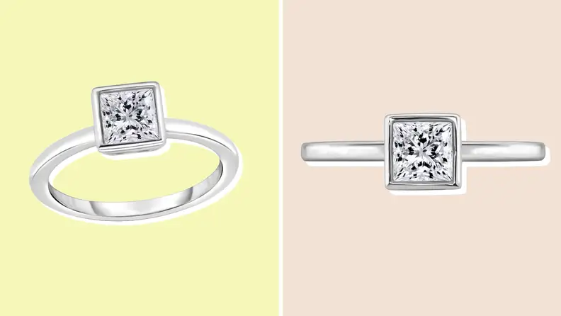 Collage of an engagement ring shown from two different angles at Jared.