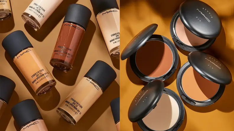 A photo of foundations and powders from MAC Cosmetics.