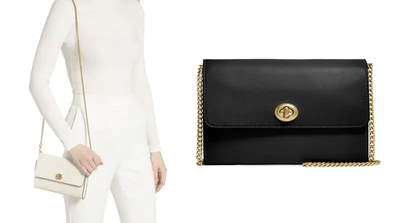 On left, woman wearing all white outfit displaying the Coach Marlow Leather Crossbody Bag on her shoulder. On right, product shot of the black Coach Marlow Leather Crossbody Bag.