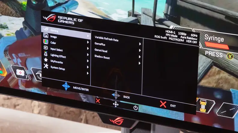 Close-up of the OLED screen on the Asus ROG Swift OLED PG27AQDM desktop computer.