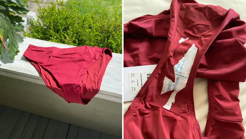 The 90s High Waisted Bottom is seen in red on a ledge and also in close-up where the label is difficult to remove.