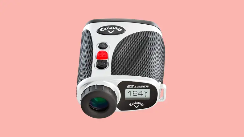 A Callaway EZ Laser Rangefinder on a pink background.