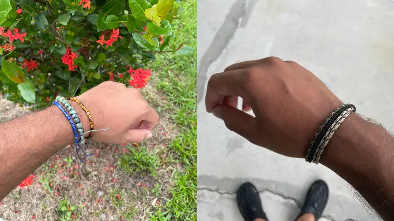 wrist showing off three bracelets from Kendra Scott's Scott Bros collection