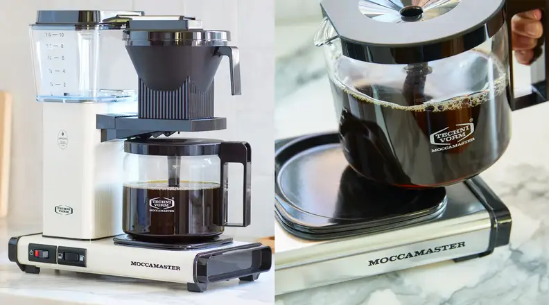 Split screen image. On left, our favorite coffee maker. On right, a close up of a hand lifting the coffee carafe