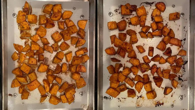 Two side-by-side photos of cubed baked sweet potatoes on baking mat. On right, potatoes are more browned.