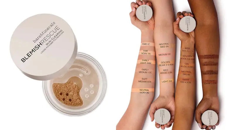 On the left, the BareMinerals Blemish Rescue Salicylic Acid Loose Powder Foundation sits on a white background with the top off to expose a beige powder. To the right, four arms of fair, light, medium, and deep tones lay across a white background and have swatches of the different shade options on them. Each hand holds a powder.