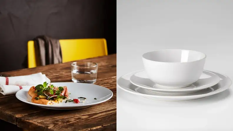 A Flitighet plate arranged on a table with pizza on top.