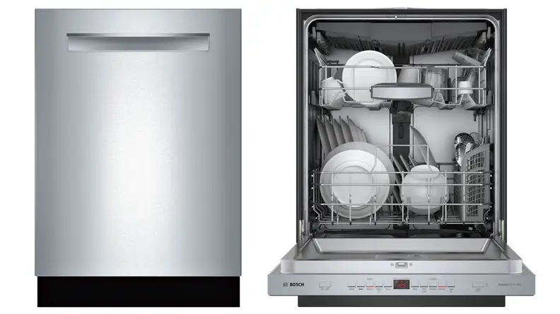The Bosch SHPM65Z55N dishwasher shown opened and closed on a white background.
