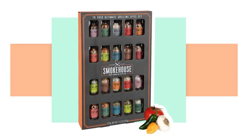 A grilling spice set in front of a background.