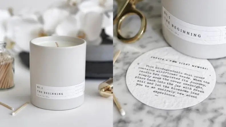 Left: close-up of No. 01 The Beginning candle, Right: close-up of the bottom of the candle next to biodegradable packaging and matches