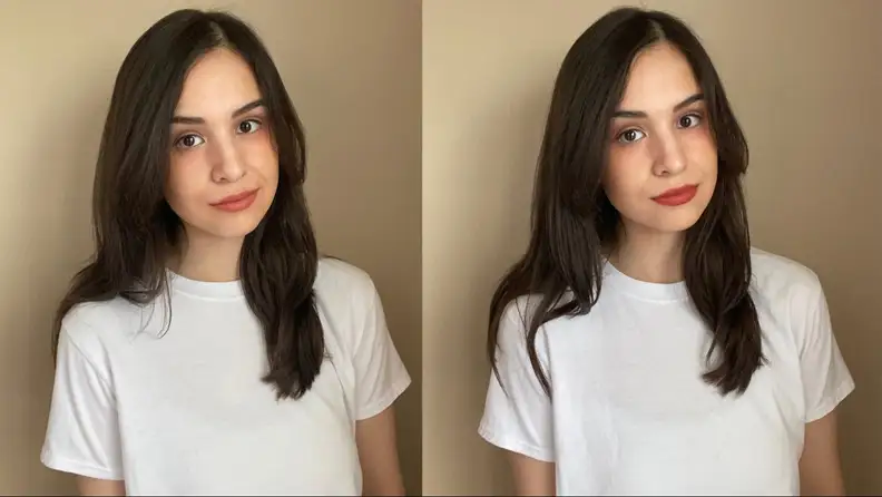 Side-by-side shots of a woman wearing two different lipsticks.