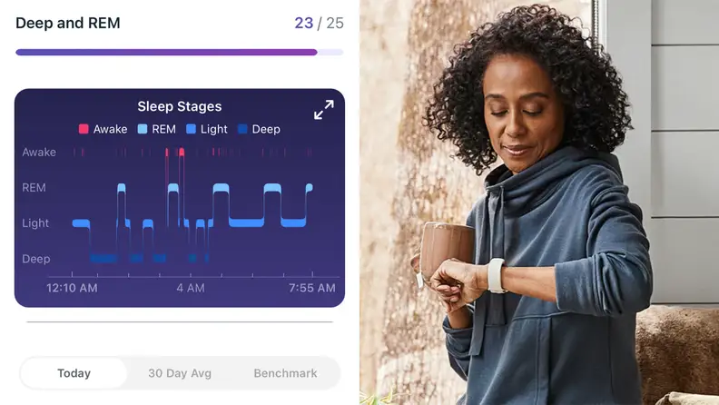 A woman looking at her Fitbit Charge 5.