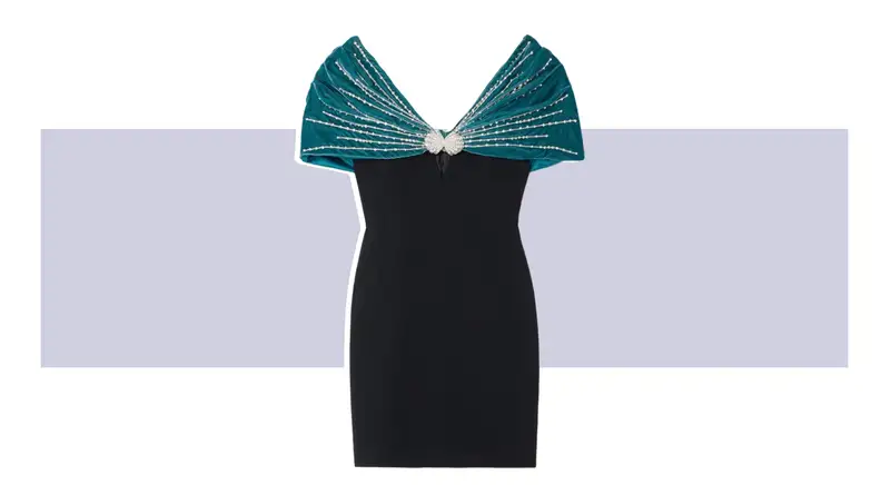 An off-the-shoulder dress with high leg slit, in ombre fabric that transitions from black to brown.