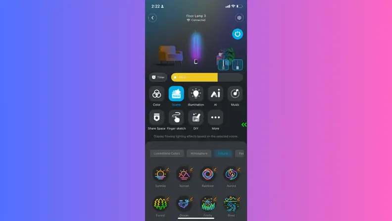 Smartphone app screen displaying brightness controls, scene selection, color settings, timers, and customization options for a connected RGB floor lamp.