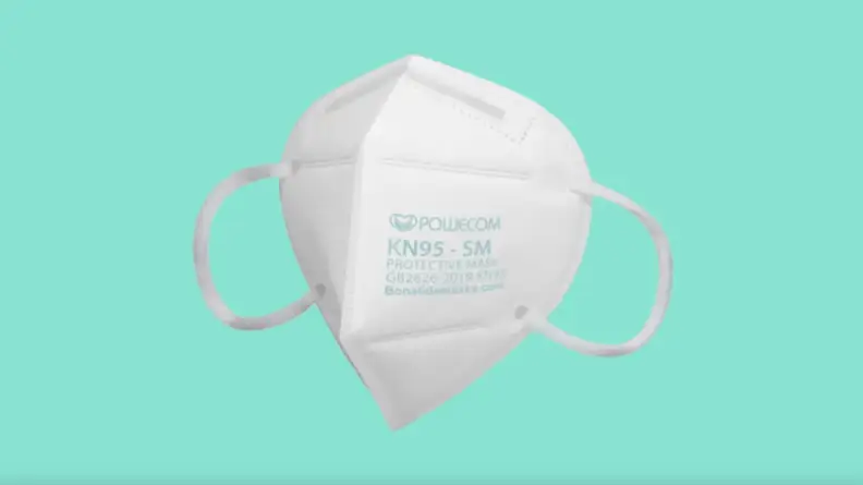 White Powecom disposable face mask.