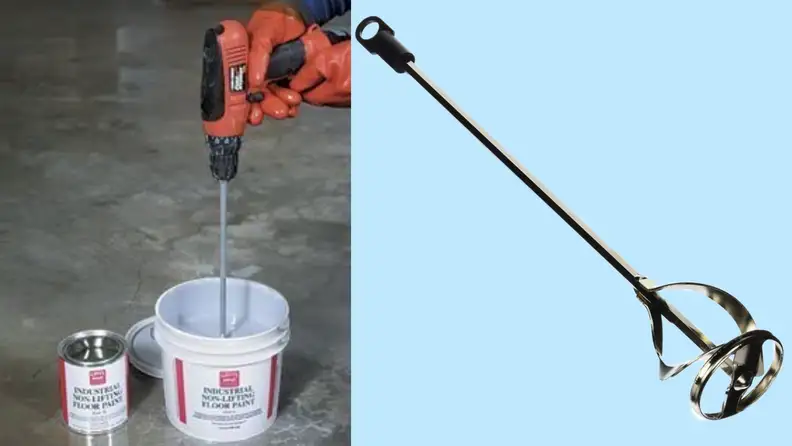 Person using mixer on cordless drill to mix paint. On right, silver mixing attachment piece.