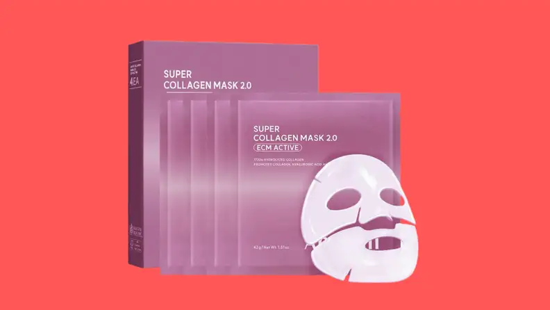 A pack of sheet masks on a red background