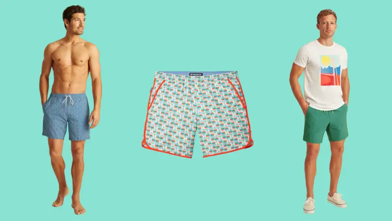 Three men's swimsuits: One in a blue print, one in a multicolor print, and one in green.