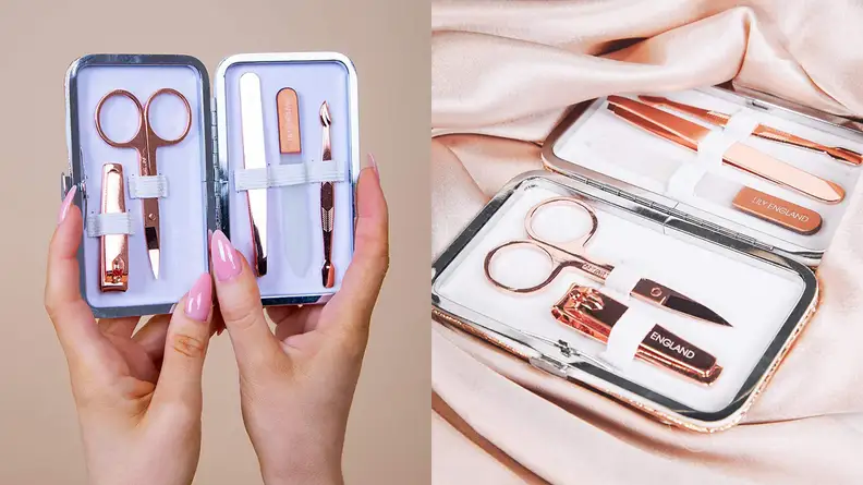 On the left: A pair of hands holds up a travel nail kit. On the right: Rose gold nail tools strapped into a travel case.
