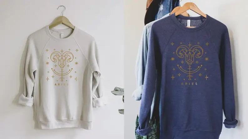 A split image of the same Aries sweatshirt in cream and blue could be one of the best birthday gifts of Aries season