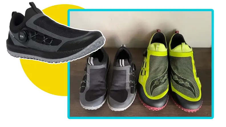 Gray and black The Big Kid’s Switchback 2.0 sneaker next to the multi-color Saucony Switchback 2 shoe indoors on wooden shelf.