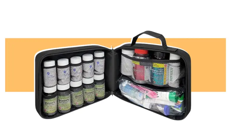 A StarPlus2 Padded Medicine Bag with a variety of pill bottles inside.
