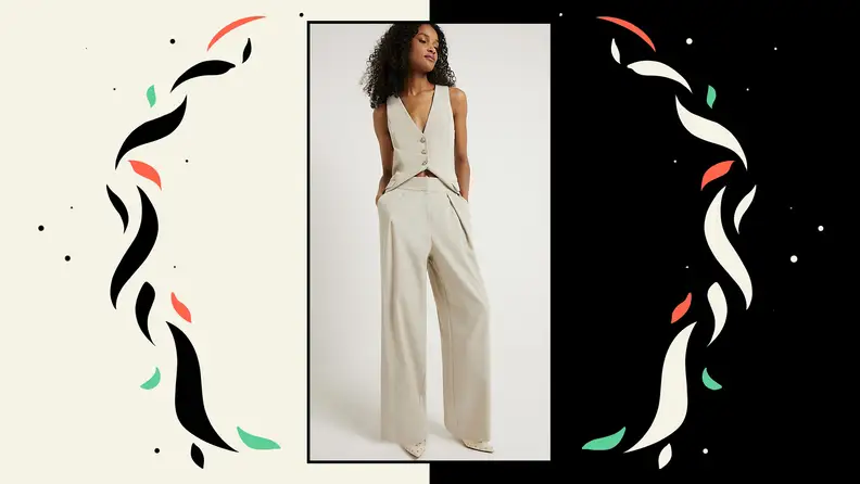 A pale green vest and coordinating wide-leg trousers.