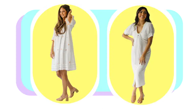 Models pose while wearing white nursing dresses from Piper and Scoot.