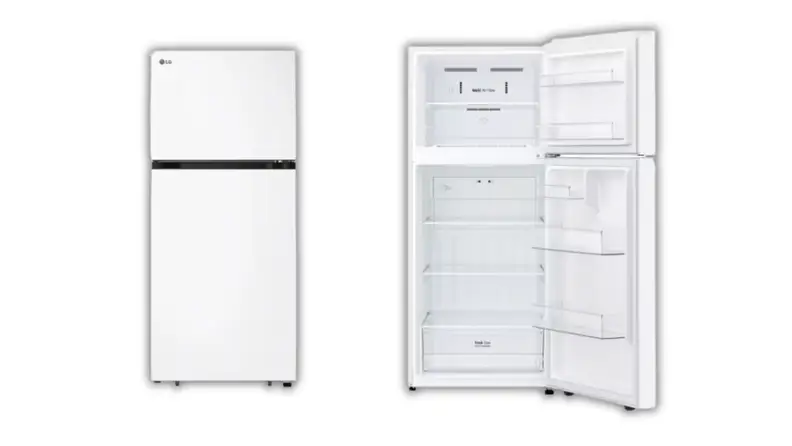 A white refrigerator closed and open on a white background
