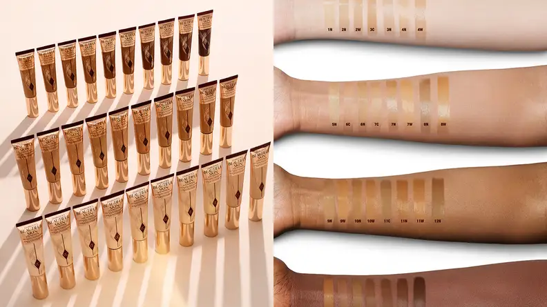 On the left: An entire range of foundations in squeeze tubes lined up in three rows. On the right: Four arms of different skin tones with swatches of foundation on each arm.