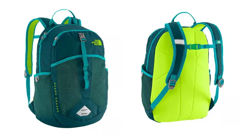 A green and yellow North Face bag shown in front and rear profile.