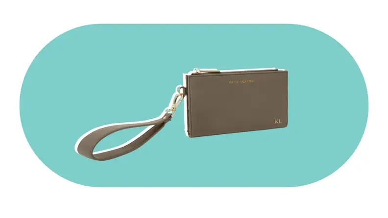 A gray wristlet bag.