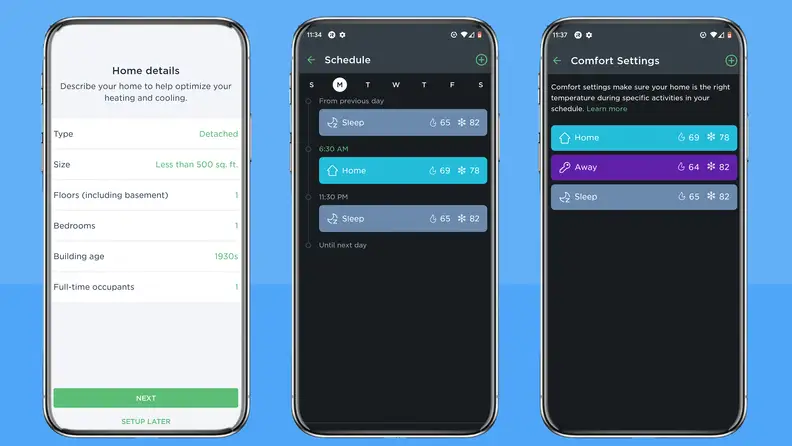 The Ecobee setup menu is shown alongside comfort zone settings and scheduling settings.