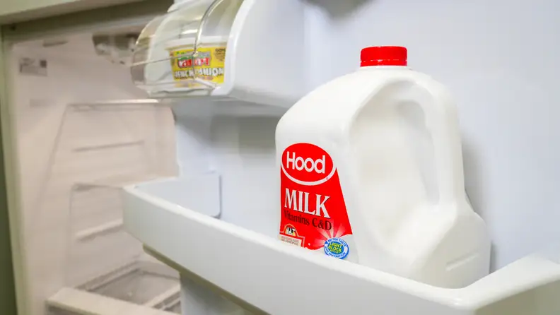 Gallons of milk and juice  fit in the door bins, conserving space in the refrigerator section