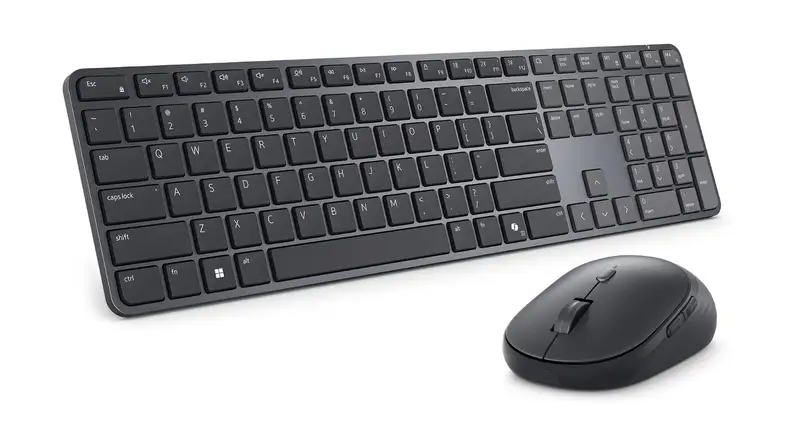 Black Dell Pro 7 Slim Keyboard and Mouse against a white background.